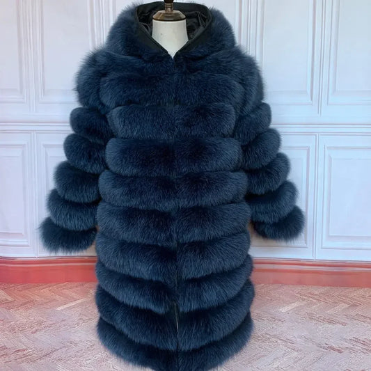 Women's long-sleeved faux-fur coat with hood, luxurious look