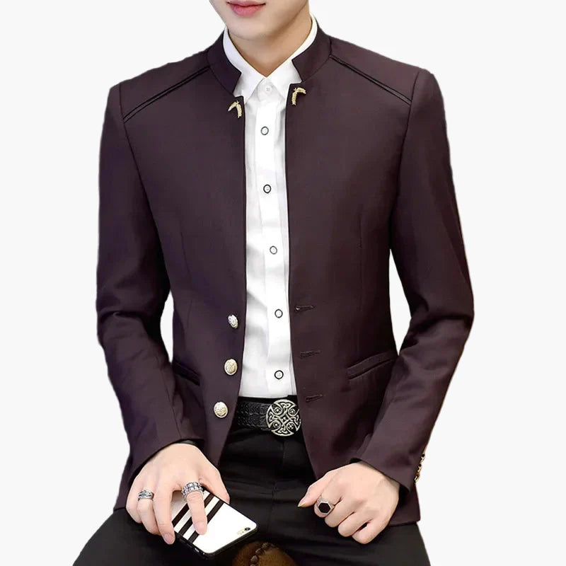 Męski blezer z kołnierzem stójką, nowoczesny, business casual, slim fit