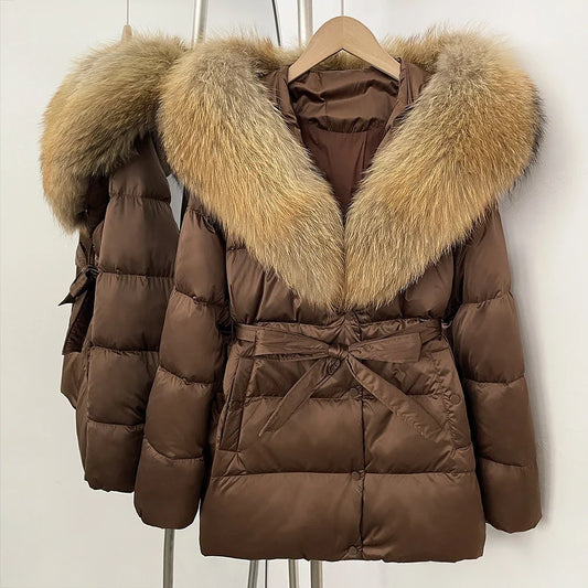 Damen Daunenjacke mit Kapuze und Pelzbesatz, Winterjacke, Steppjacke mit Gürtel