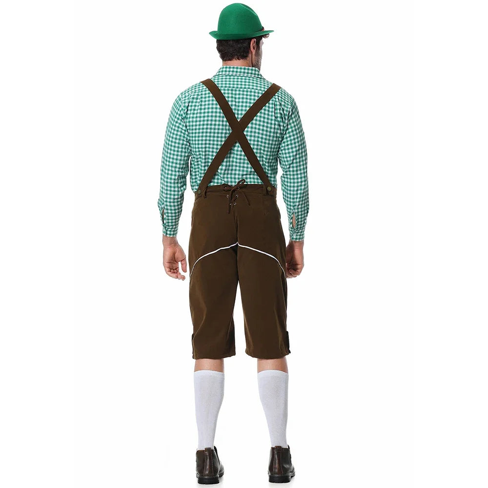 Herenklederdrachtset met geruit overhemd, leren broek en borduursel in groen en bruin