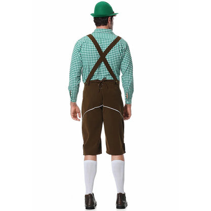 Herenklederdrachtset met geruit overhemd, leren broek en borduursel in groen en bruin