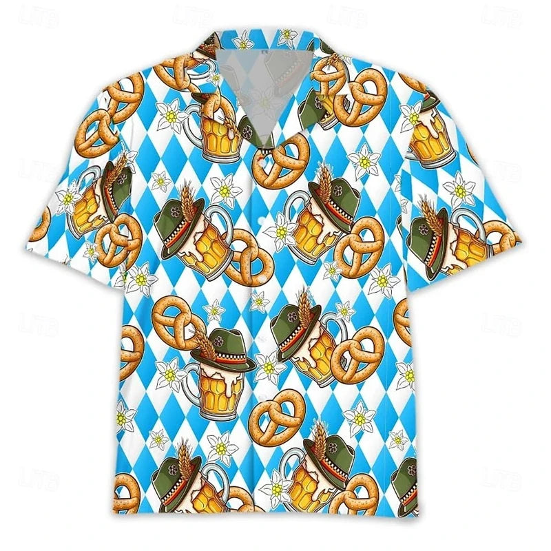 Męska koszula z krótkim rękawem, motyw Oktoberfestu, piwo, precel, kiełbasa, żółta