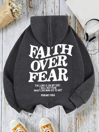 Hættetrøje med teksten "Faith Over Fear" til damer
