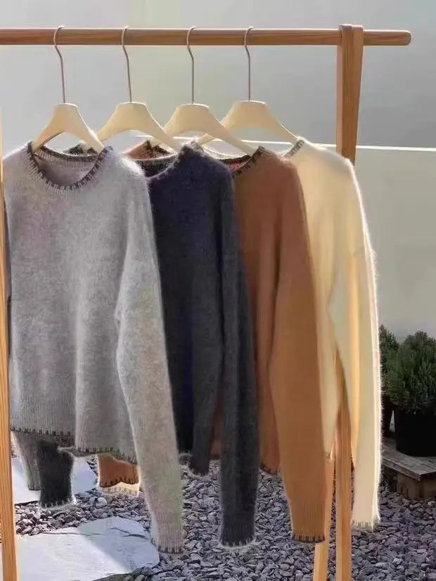 Damen Rundhals Pullover, locker geschnitten, Langarm, meliert