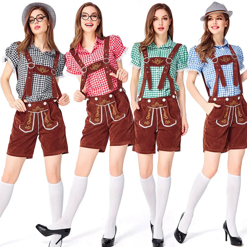 Costume da donna in stile dirndl con camicetta a quadri e pantaloncini con bretelle, vari colori