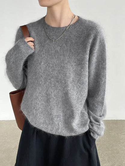 [LANMREM] Dames Fleece Gevoerde Ronde Hals Wollen Gebreide Trui Zachte Pluizige Slim Fit Sfeervolle Pullover Voor Herfst Winter 26E04076