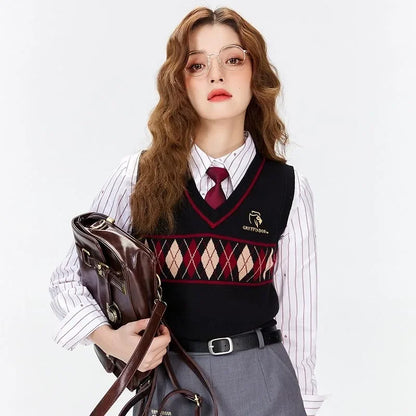 Damen V-Ausschnitt Strickweste Schwarz Argyle-Muster