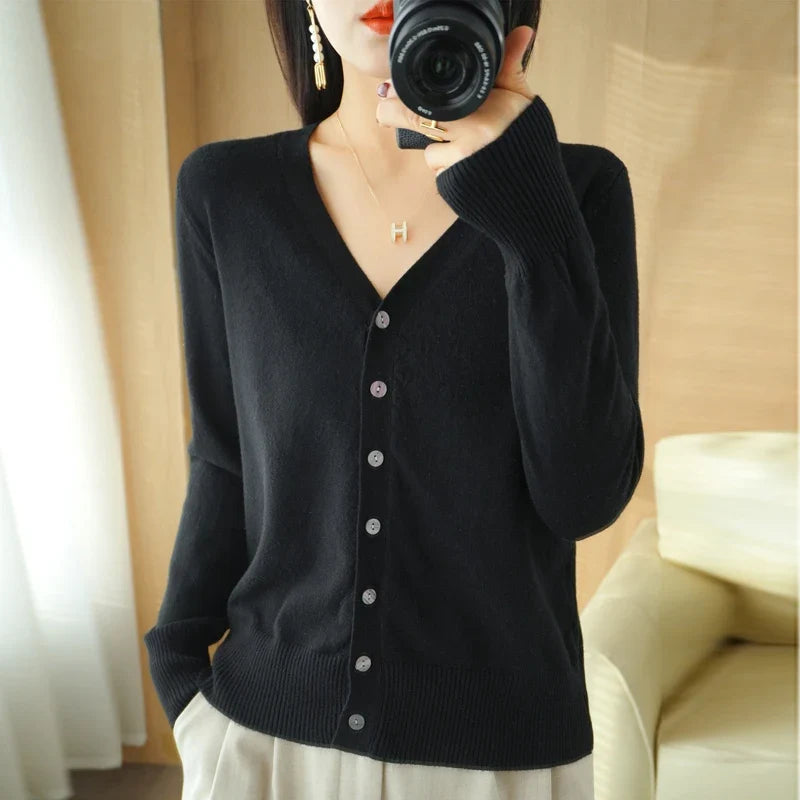 Damen Strickjacke V-Ausschnitt Knopfleiste Langarm Cardigan
