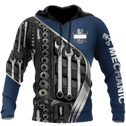 Herren Kapuzenpullover Mechanic Maschinenmotiv Hoodie Schwarz Grau