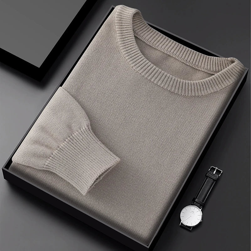 Pullover da uomo con scollo rotondo, in maglia, tinta unita, a maniche lunghe