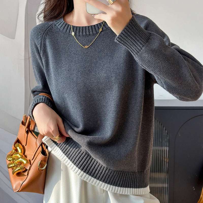 Damen Pullover Rundhals Rippbündchen Strick