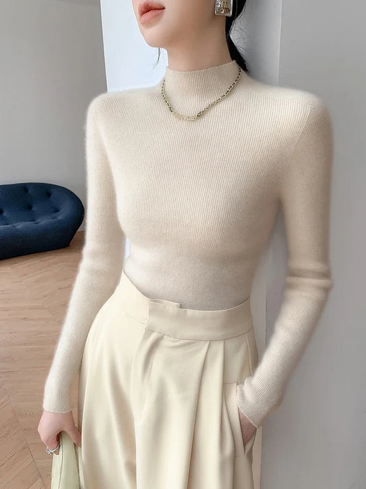 Damen Gerippter Stehkragen Pullover Langarm Weich