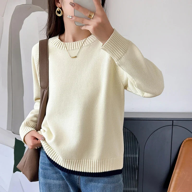 Damen Pullover Rundhals Rippbündchen Strick
