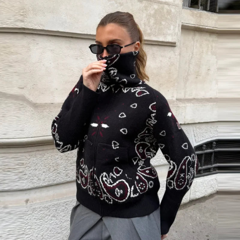 Gilet en maille pour femme avec fermeture éclair et motif bandana, col montant