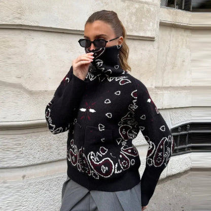 Gilet en maille pour femme avec fermeture éclair et motif bandana, col montant