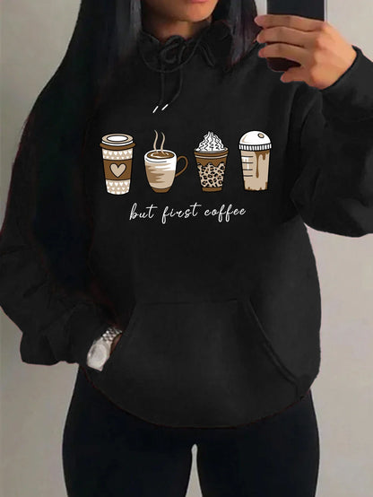 Damen Hoodie mit Kaffeebecher-Print "but first coffee" und Kängurutasche