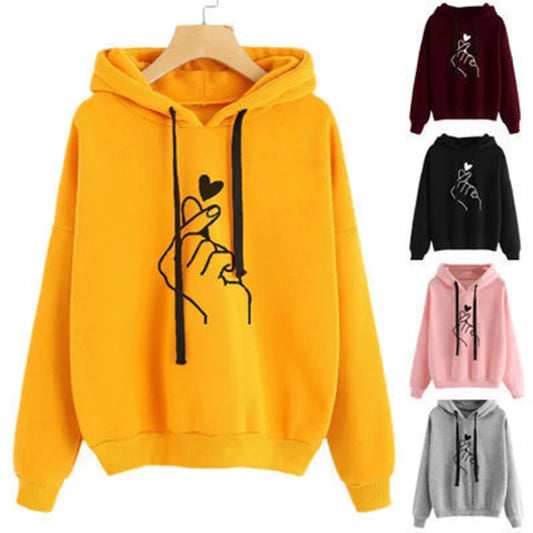 Damen Hoodie Gelb mit "Finger Herz" Print Kapuze & Kordelzug