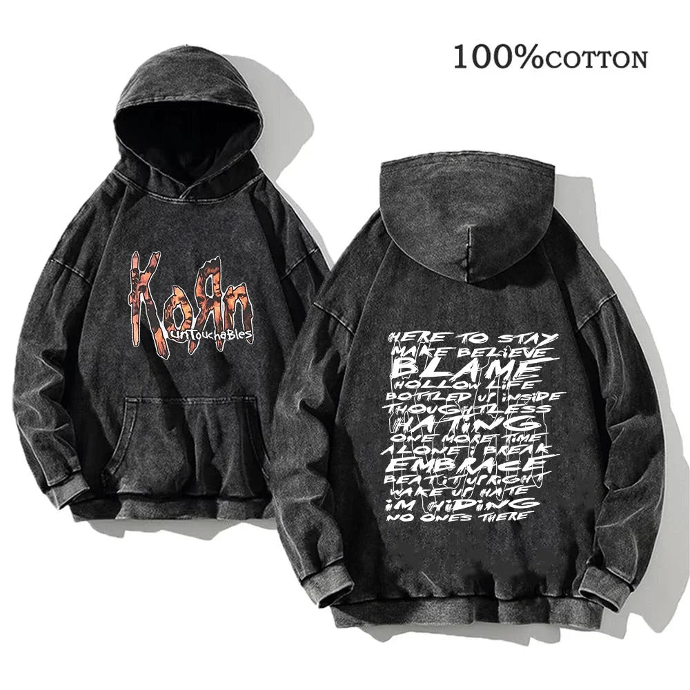 Unisex Kapuzenpullover Grau mit Band-Print & Kängurutasche