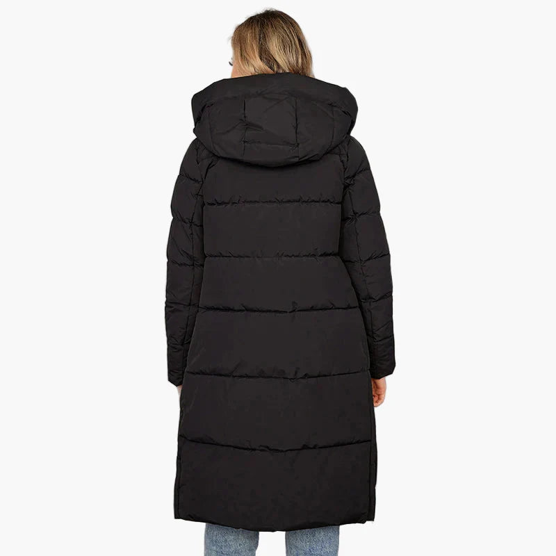 Dames winter gewatteerde mantel met capuchon – Lange, modieuze outdoor mantel voor koude dagen