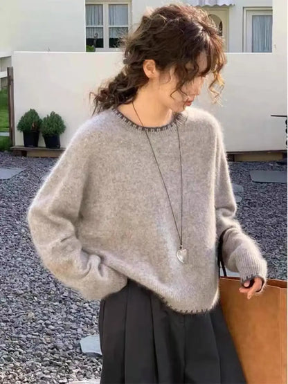 Damen Rundhals Pullover, locker geschnitten, Langarm, meliert