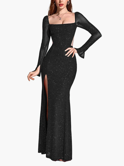 Robe de soirée femme avec fente et paillettes – Robe longue élégante pour occasions festives