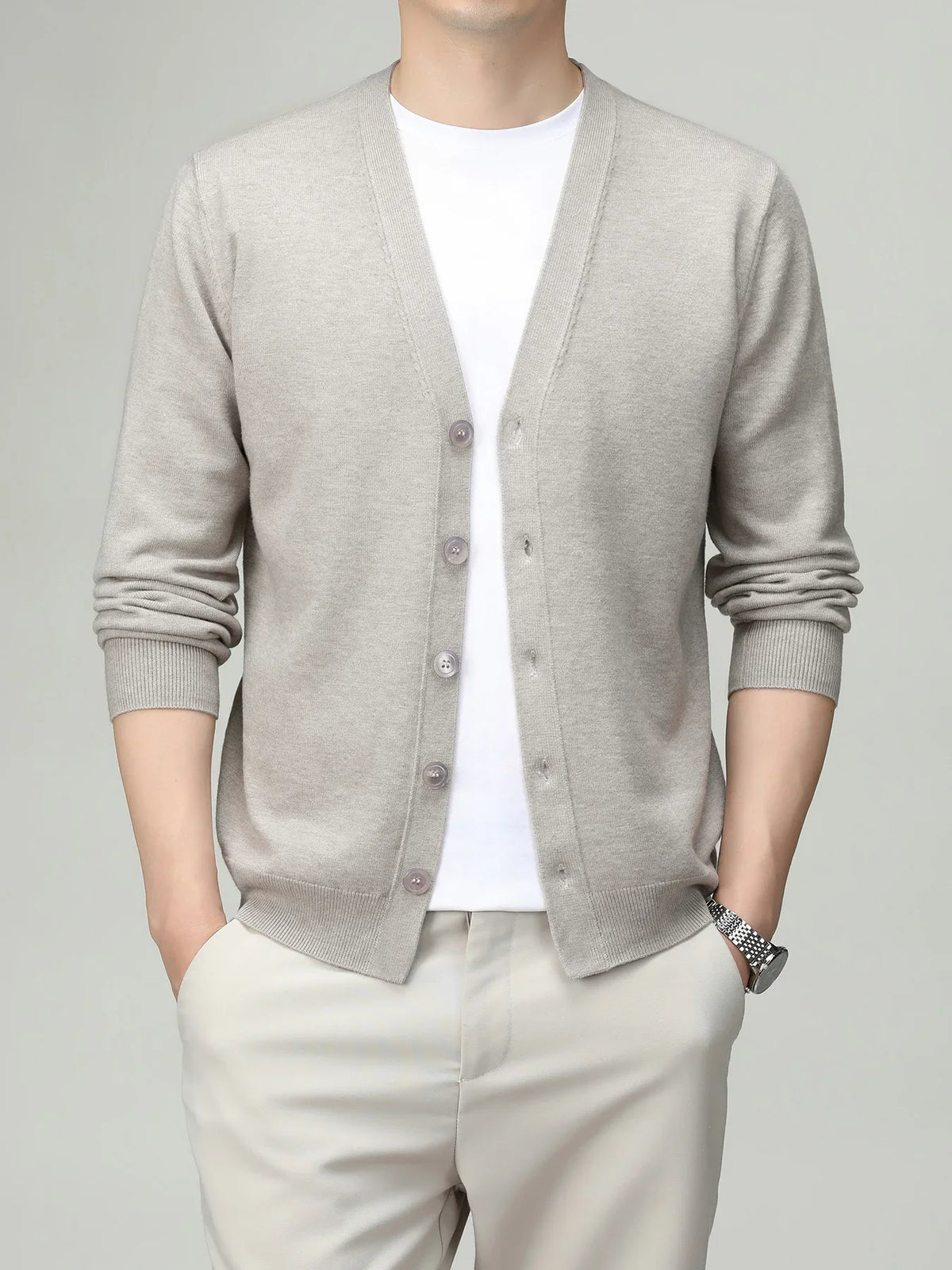 Herren Strickjacke V-Ausschnitt Knopfleiste Cardigan Langarm Rippbündchen