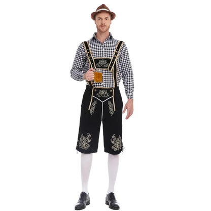 Herren Trachten Lederhose mit Hemd und Hosenträgern Geringeltes Karo-Muster