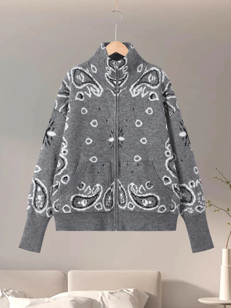 Gilet en maille pour femme avec fermeture éclair et motif bandana, col montant