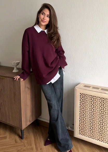 Damen Strickpullover Rundhalsausschnitt Oversize Langarm