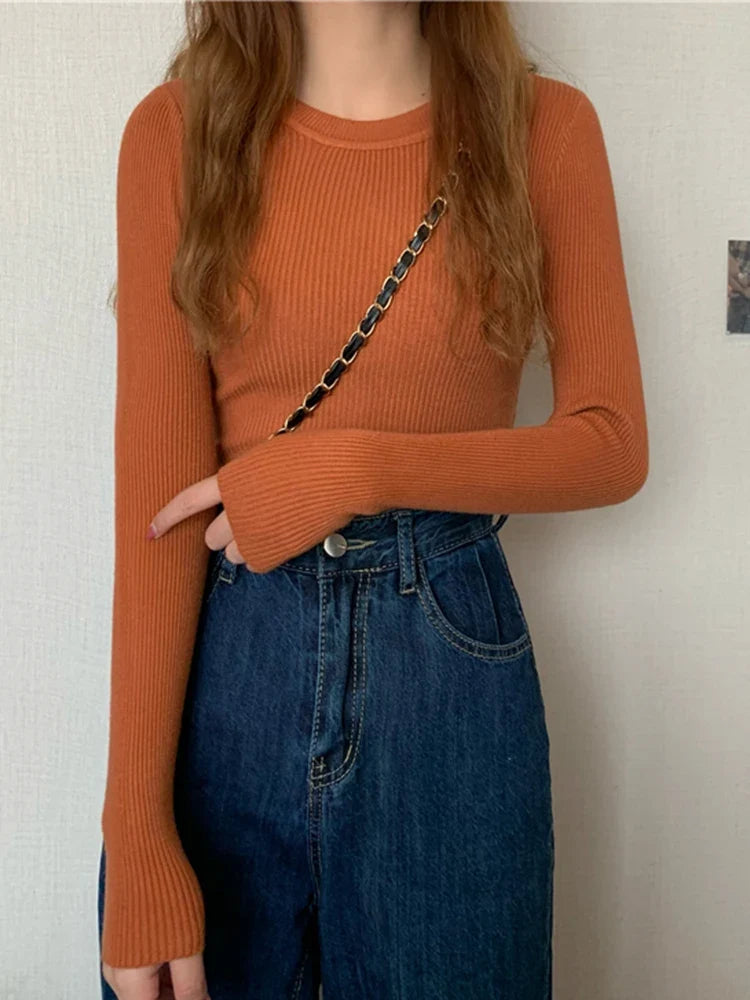 Pullover a maniche lunghe da donna, a coste, girocollo, top in vari colori