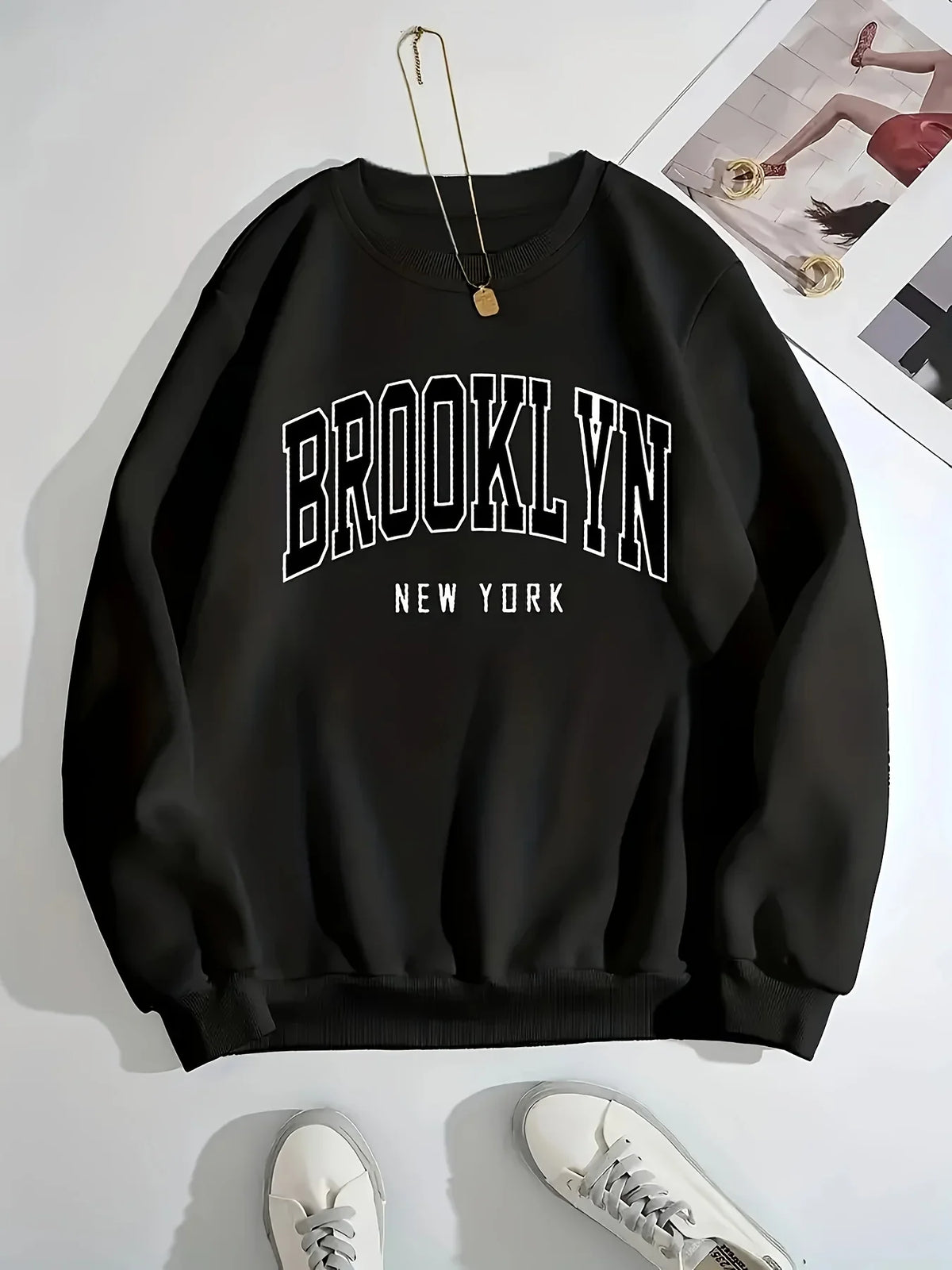 Unisex Sweatshirt Brooklyn New York Print Rundhals Langarm Grau Schwarz