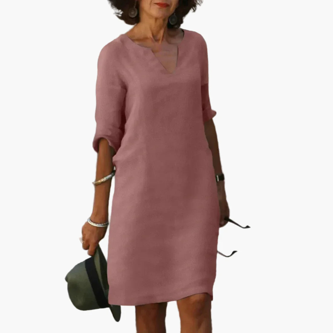 Abito da donna con scollo a V e maniche 3/4 – Abito casual e quotidiano senza tempo, elegante