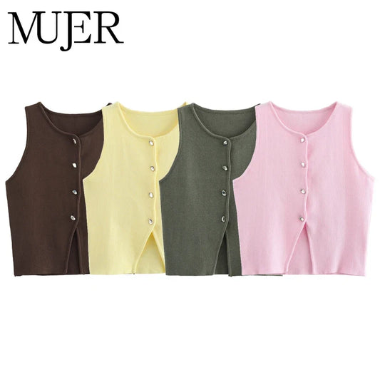 Kurzer Strick Cardigan Weste ärmellos mit Knöpfen Damen
