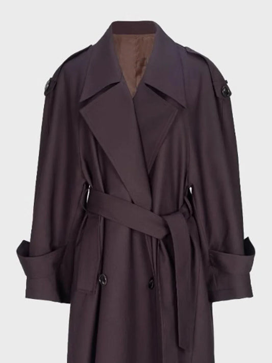 Long trench-coat pour femme avec ceinture, double boutonnage et pattes d'épaule
