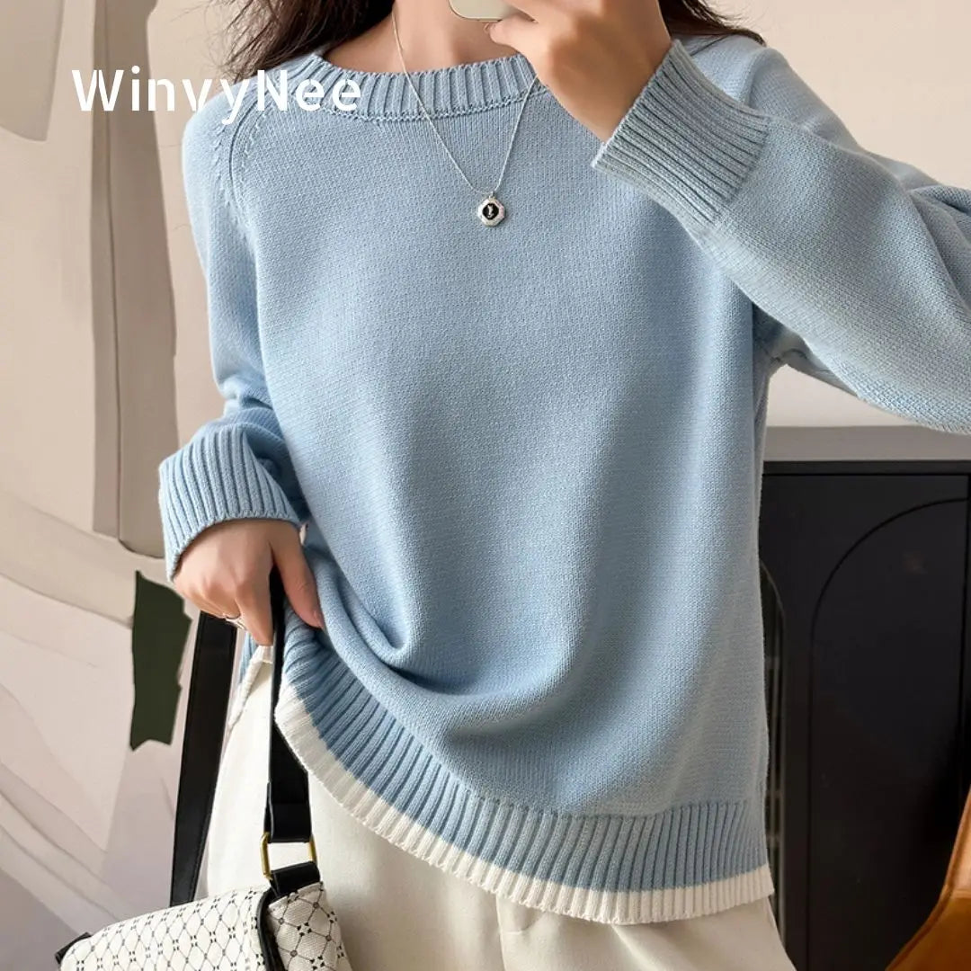 Damen Pullover Rundhals Rippbündchen Strick