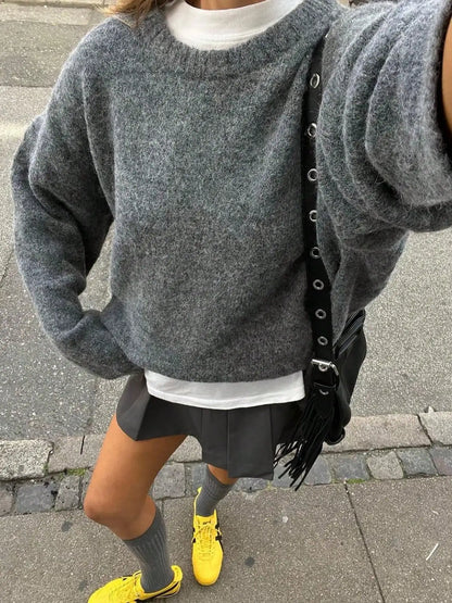 Pull oversize femme gris à manches longues, col rond, aspect grosse maille