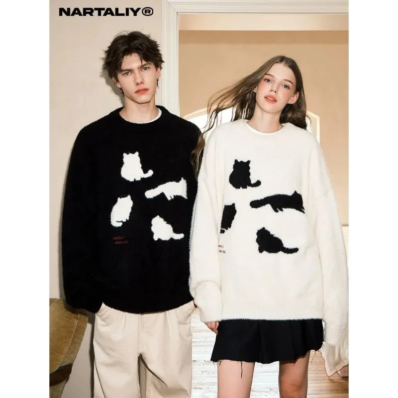 Unisex Pullover mit Katzen-Motiv, Rundhals, flauschig