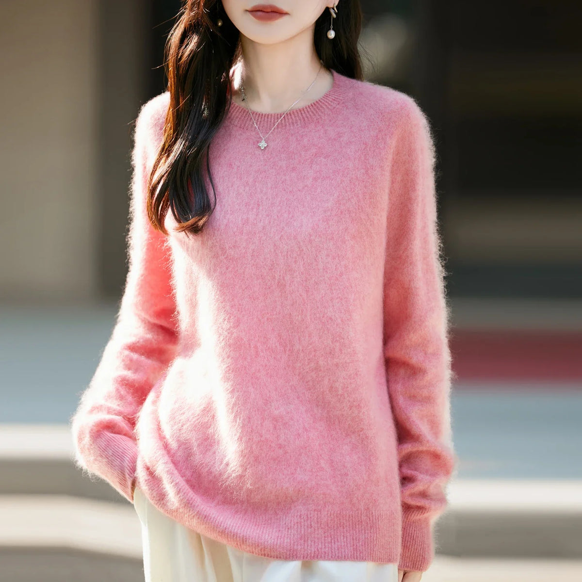 Pullover da donna in maglia, a girocollo, a maniche lunghe, morbido