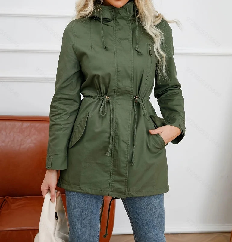 Chaqueta de entretiempo para mujer con capucha, cierre de cremallera y cordón ajustable, verde militar