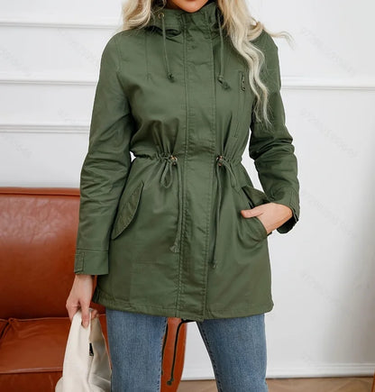 Chaqueta de entretiempo para mujer con capucha, cierre de cremallera y cordón ajustable, verde militar