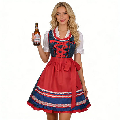 Dirndl Kleid Blau Rot mit Schürze Bluse und Mieder Schnürung