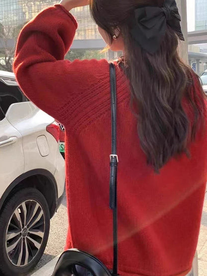 Pullover oversize da donna in maglia, a girocollo, a maniche lunghe
