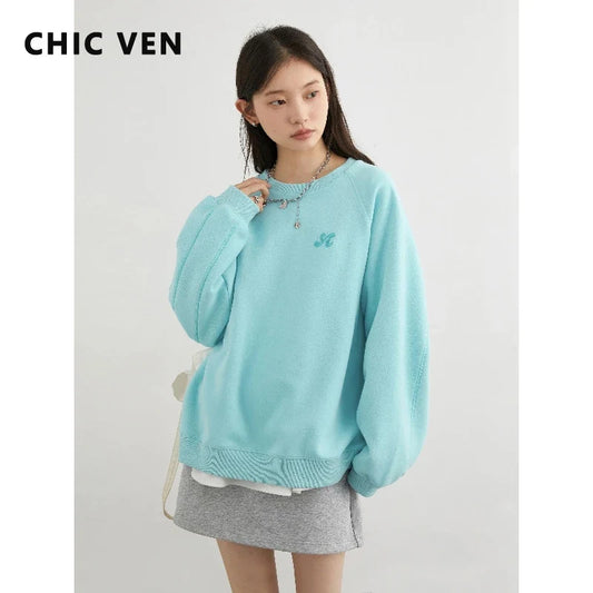 Sweat-shirt pour femme à col rond et manches longues, logo brodé, turquoise