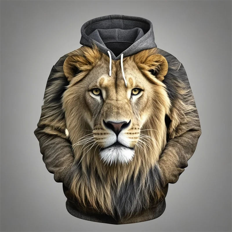Felpa con cappuccio con stampa di testa di leone, design con motivo animale unisex