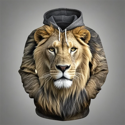 Felpa con cappuccio con stampa di testa di leone, design con motivo animale unisex