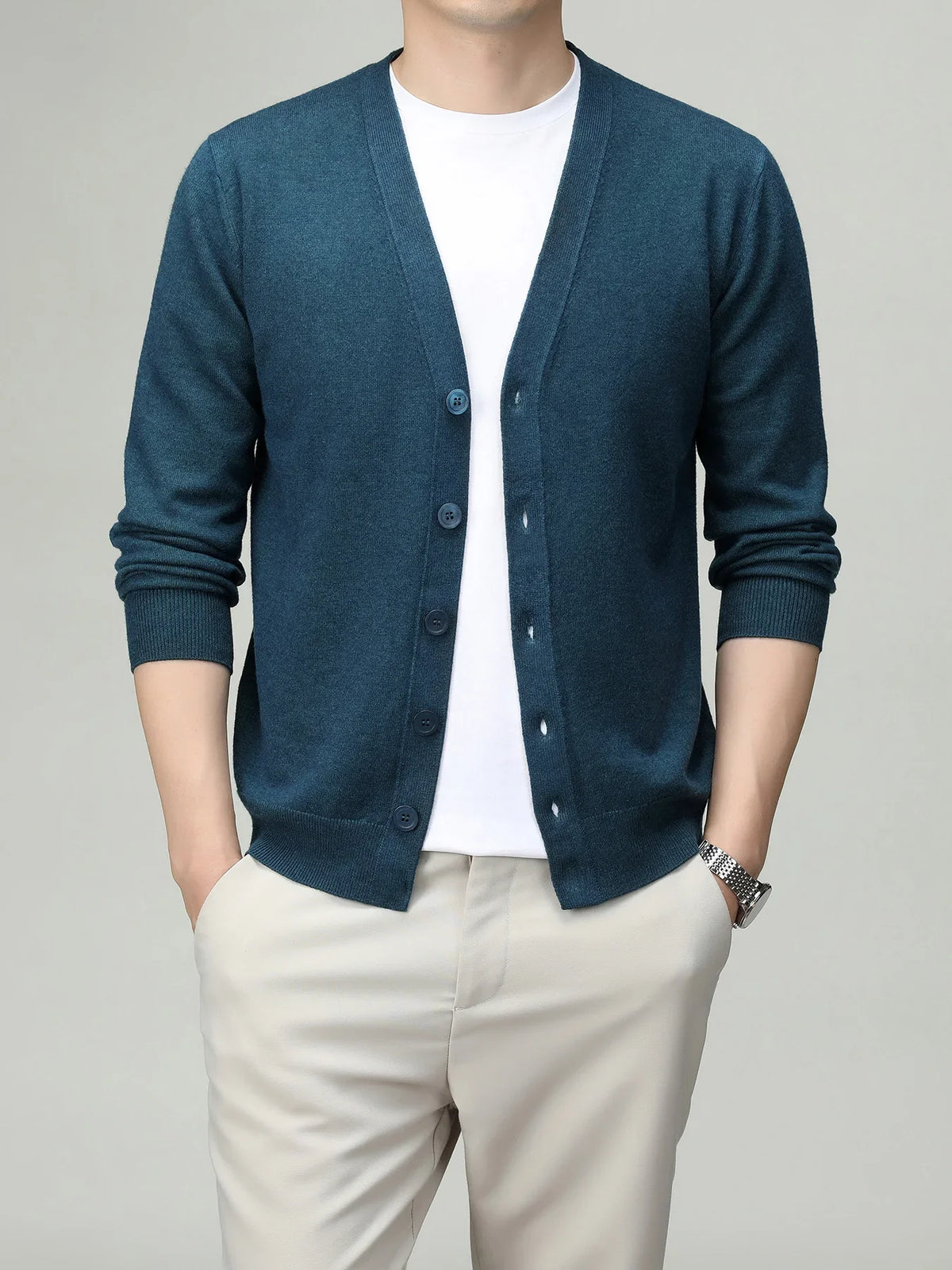 Herren Strickjacke V-Ausschnitt Knopfleiste Cardigan Langarm Rippbündchen