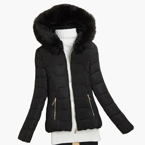 Dames winter gewatteerd jack met capuchon en bontkraag – Modieuze outdoor mantel