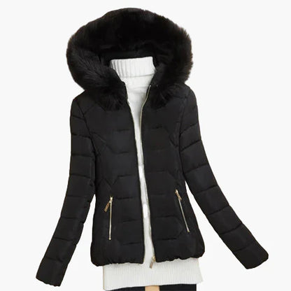 Dames winter gewatteerd jack met capuchon en bontkraag – Modieuze outdoor mantel