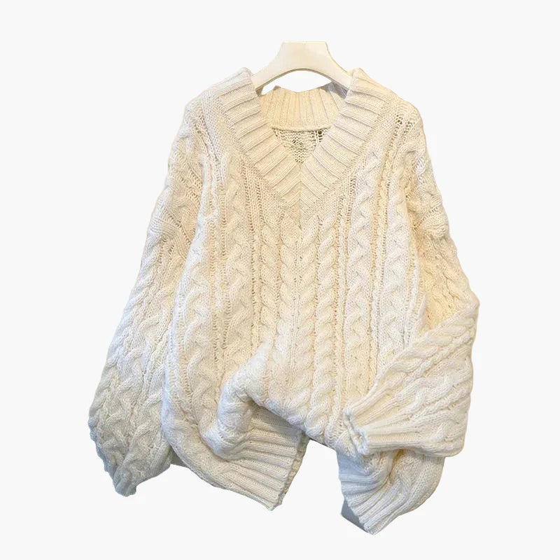 Jersey de punto para mujer con patrón de trenzas y escote en V – Look casual de otoño-invierno