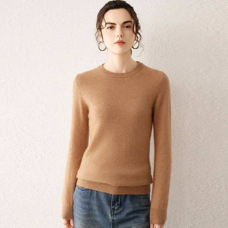 Pull femme à col rond et manches longues, maille fine, basique